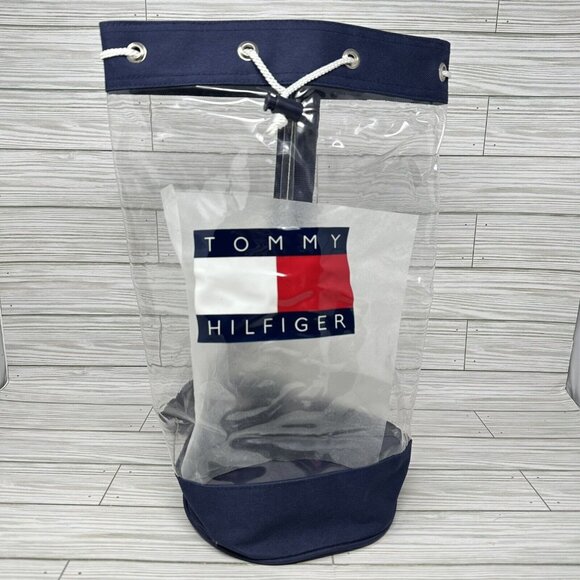 Tommy Hilfiger Flag Drawstring Backpack Beach Bag Clear Vinyl Blue Canvas 90s - Picture 1 of 9